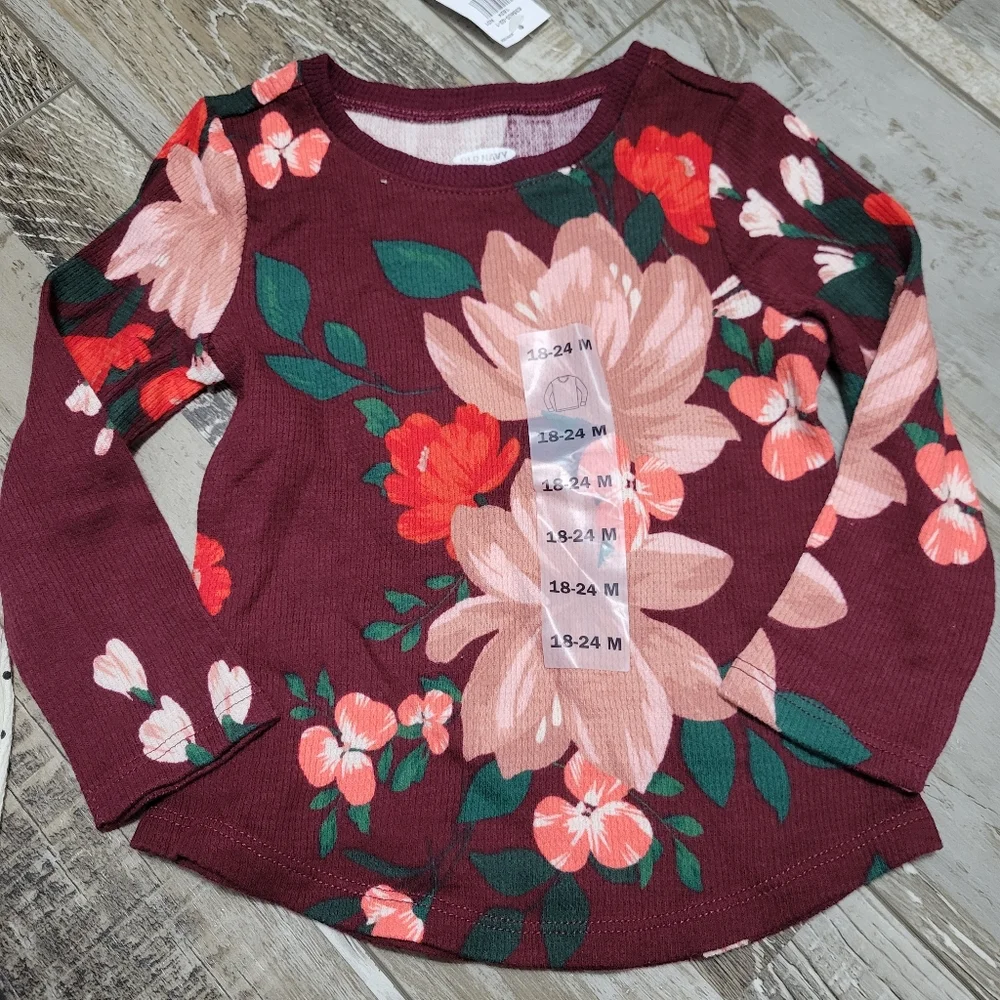 New Baby Girl's Old Navy 2 Piece Long Sleeve Thermal Printed Shirts Size 18-24M